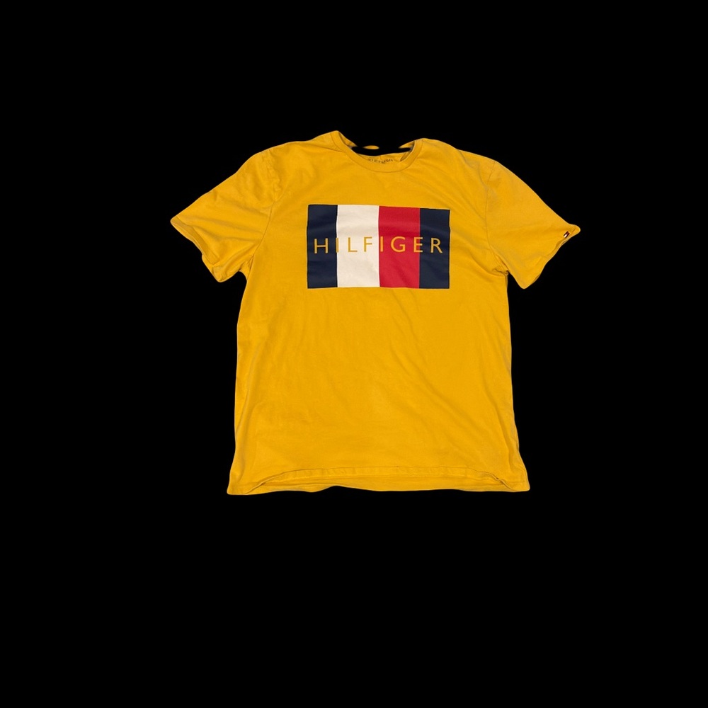 Tommy Hilfiger Spell Out Logo Print T-Shirt Short Sleeves Crewneck Yellow Mens L